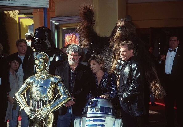 1/18/97 Los Angeles, Ca George Lucas, Mark Hamil, Carrie Fisher, and the characters at the prmiere o