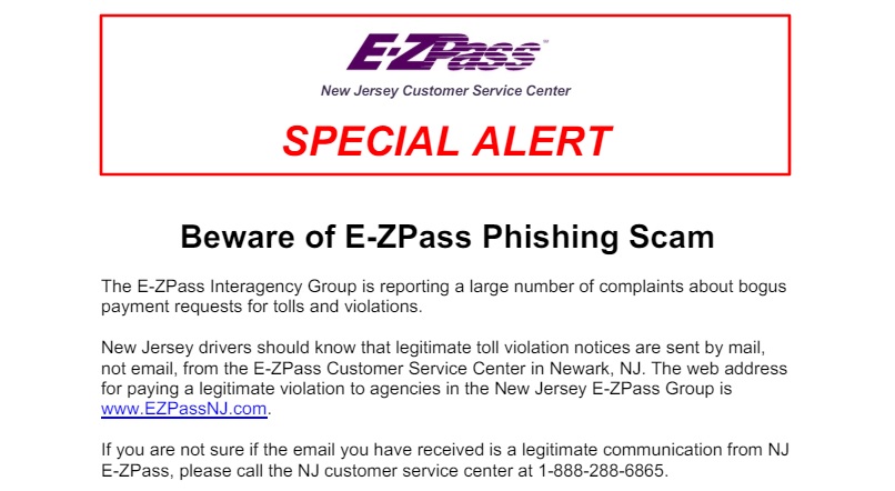 This warning from the NJ Turnpike Authority about the scam targeting EZ Pass users.