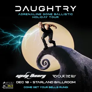 Daughtry in black tank top & jeans screaming with lightning coming out of his mouth on top of a curved hill with the words, Daughtry Adrenaline Gone Ballistic Holiday Tour with Sleep Theory and Devour the Day on December 10 at Starland Ballroom, presented by 95.9 The RAT