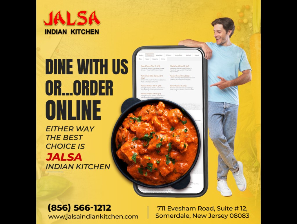 New Jersey's Newest Indian Restaurant Is a Big Hit. An order on line print ad featuring Indian Butter Chicken and a man standing near a large cell phone