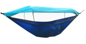 navy blue and light blue hammock with mosquito net